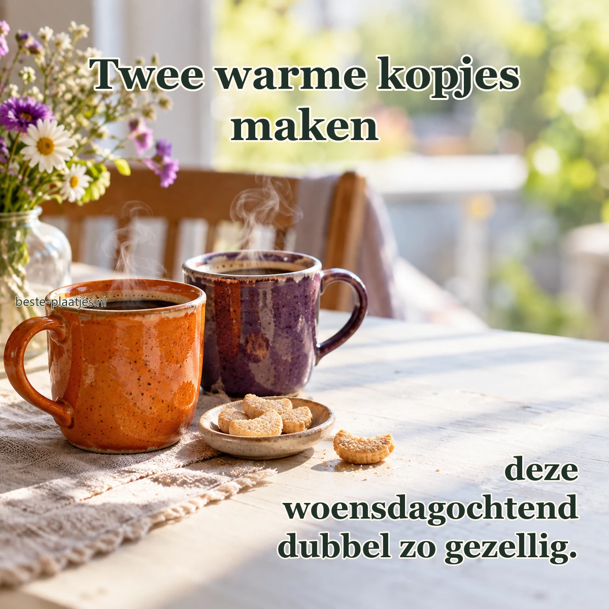 Twee gekleurde koffiemokken staan met kleine koekjes op de ontbijttafel.