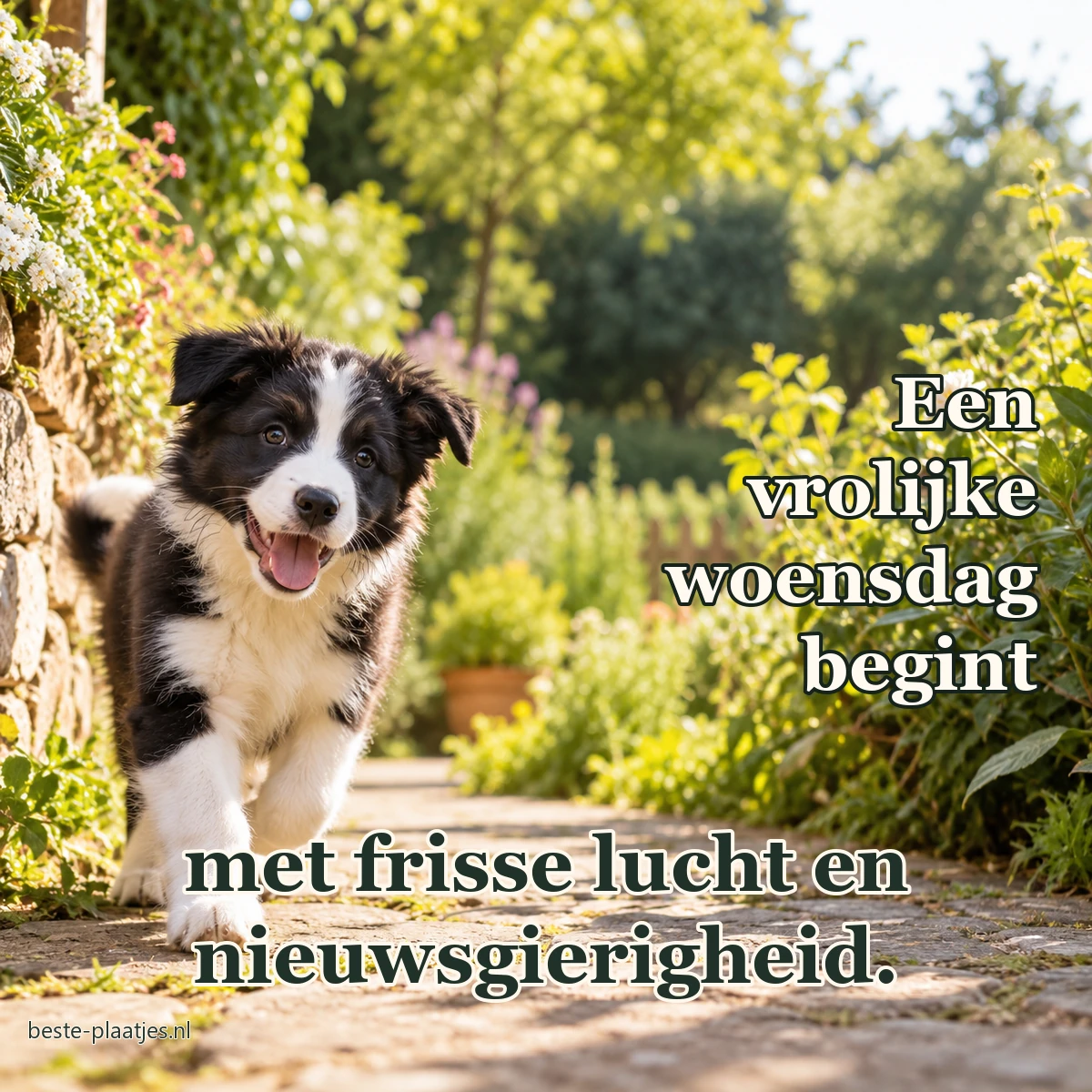 Een bordercolliepup loopt nieuwsgierig over een zonnig tuinpad.