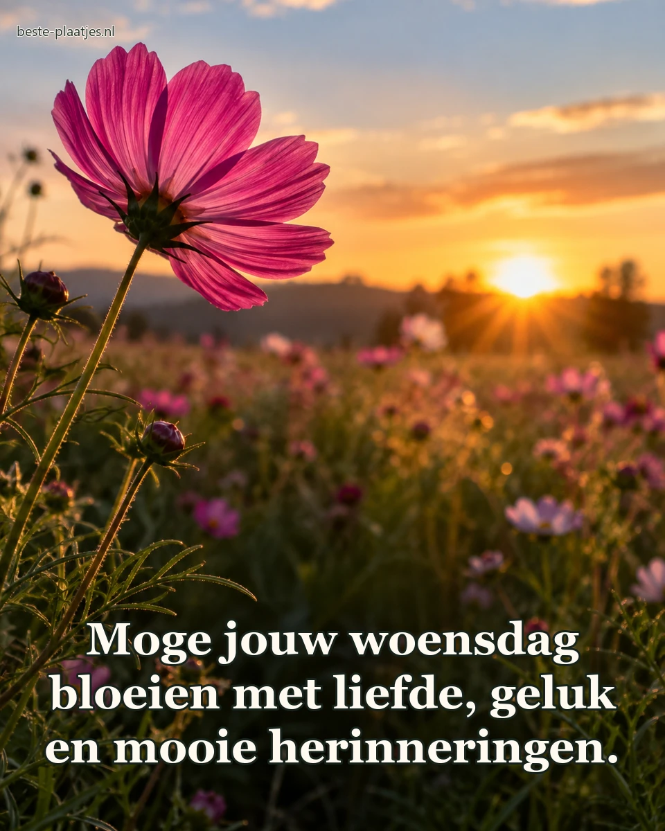 Een magenta cosmea vangt het lage zonlicht boven een bloemenveld.