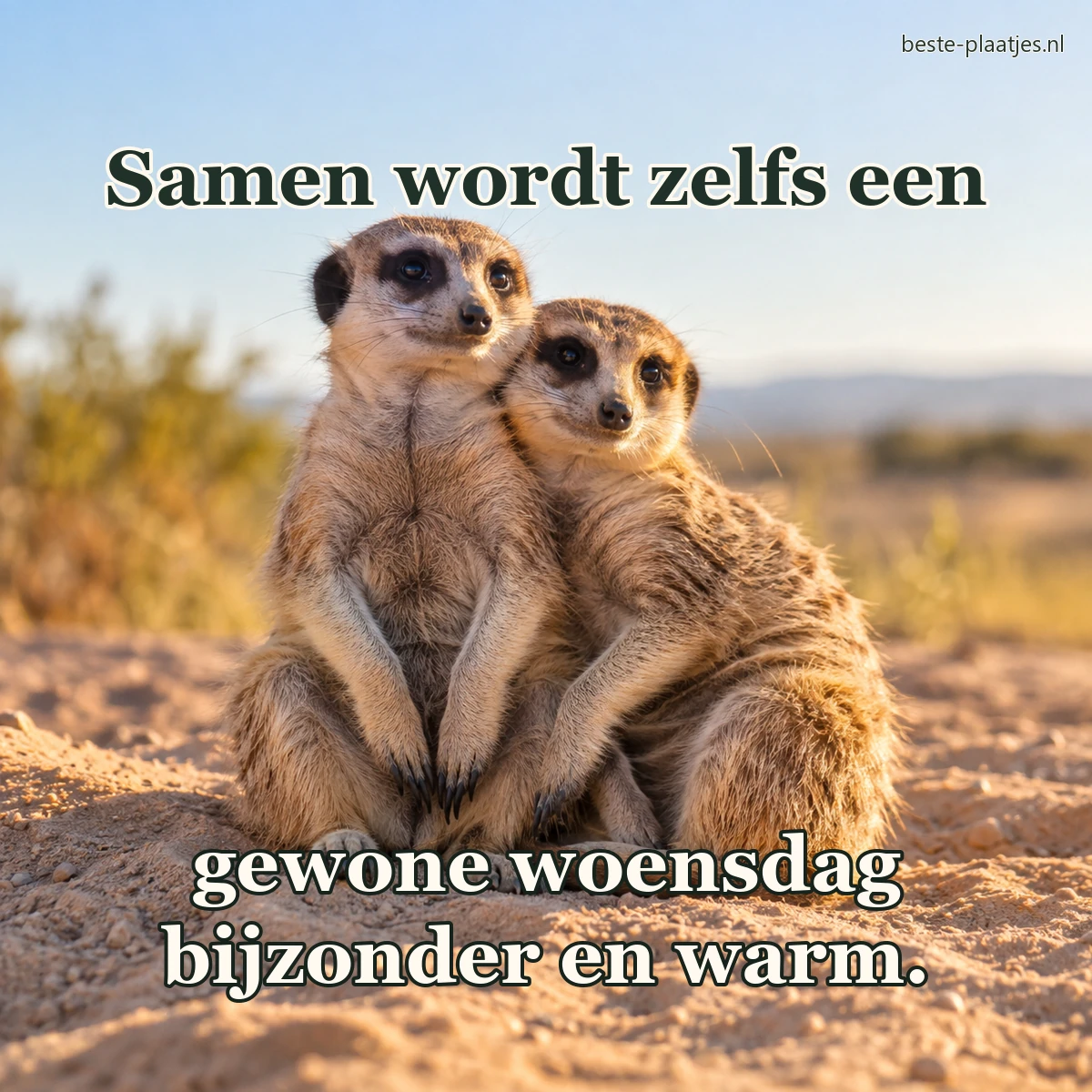 Twee stokstaartjes zitten dicht tegen elkaar op warm zand.