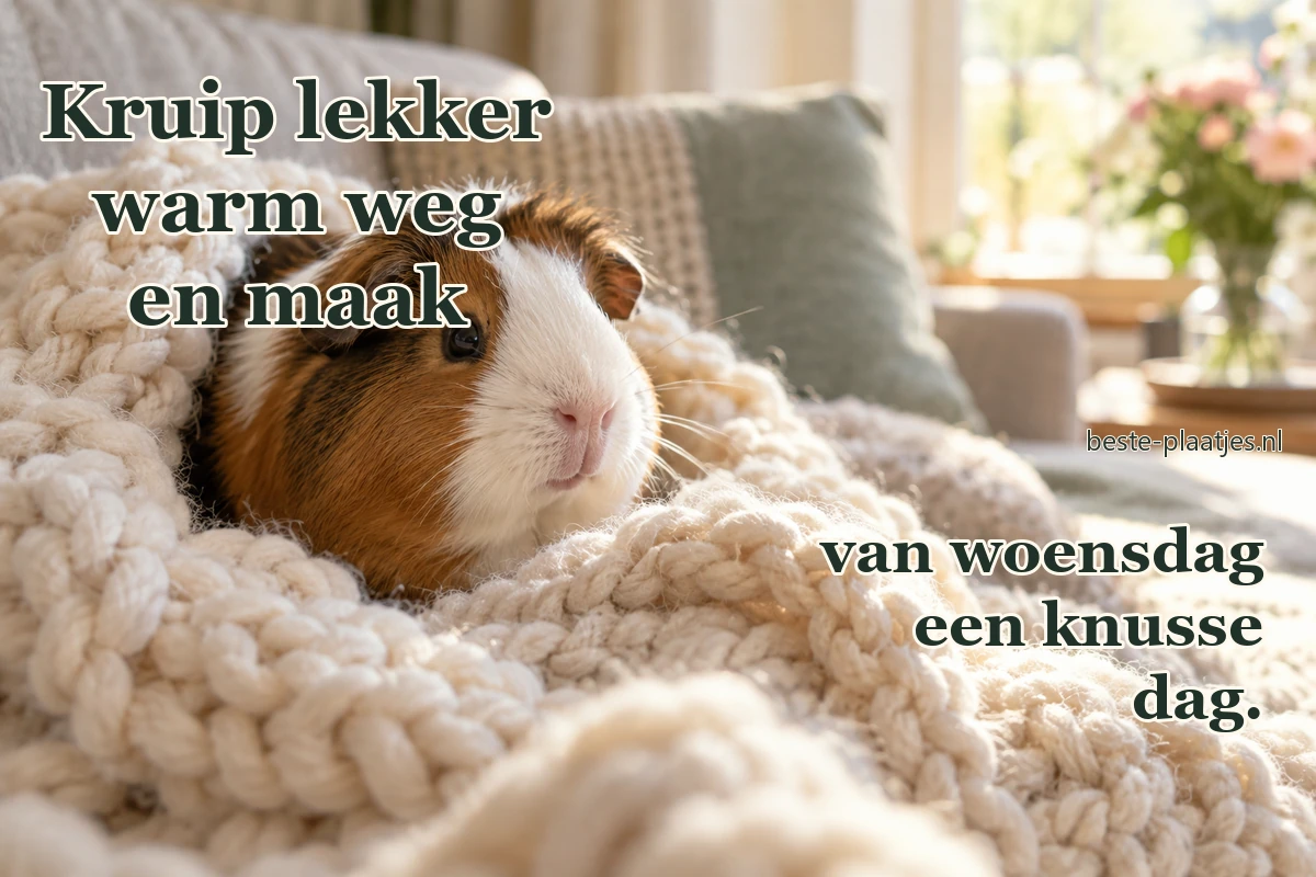 Een cavia ligt knus in een dikke crèmekleurige wollen deken.