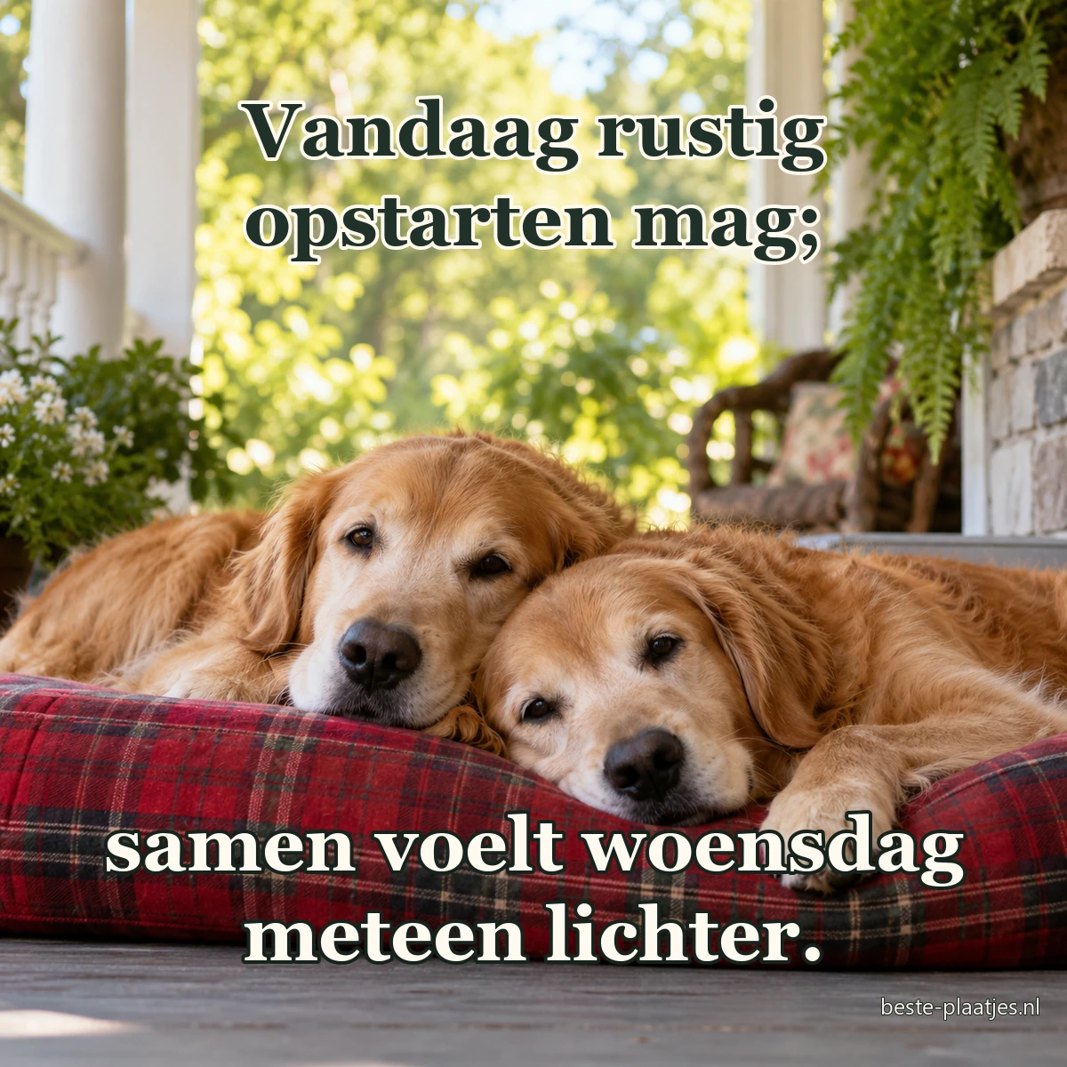 Twee golden retrievers rusten samen op een rood geruit kussen.