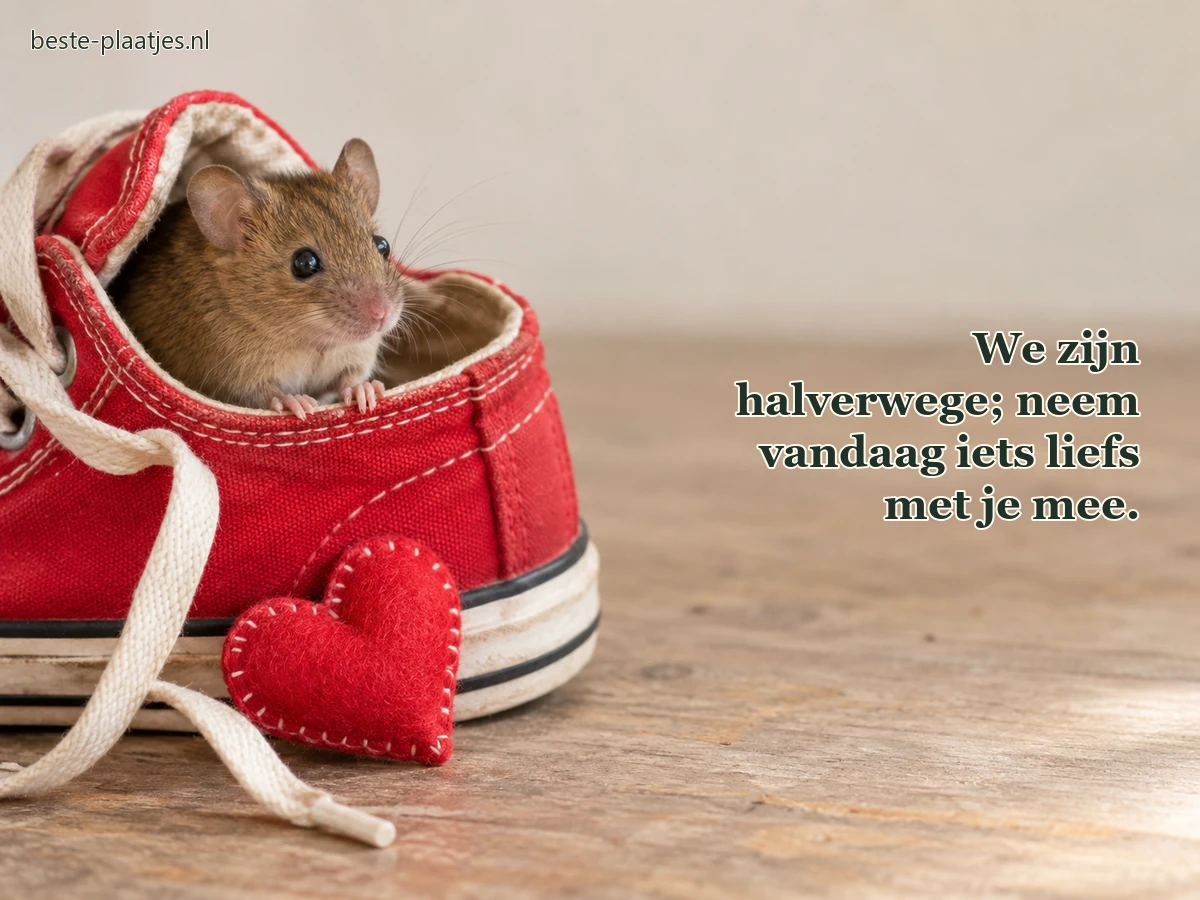 Een kleine muis zit in een rode gymschoen naast een vilten hart. Een kleine muis zit in een rode gymschoen naast een vilten hart.
