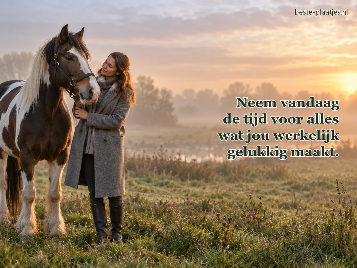 Een vrouw staat rustig naast een bont paard in een mistige weide. Een vrouw staat rustig naast een bont paard in een mistige weide.