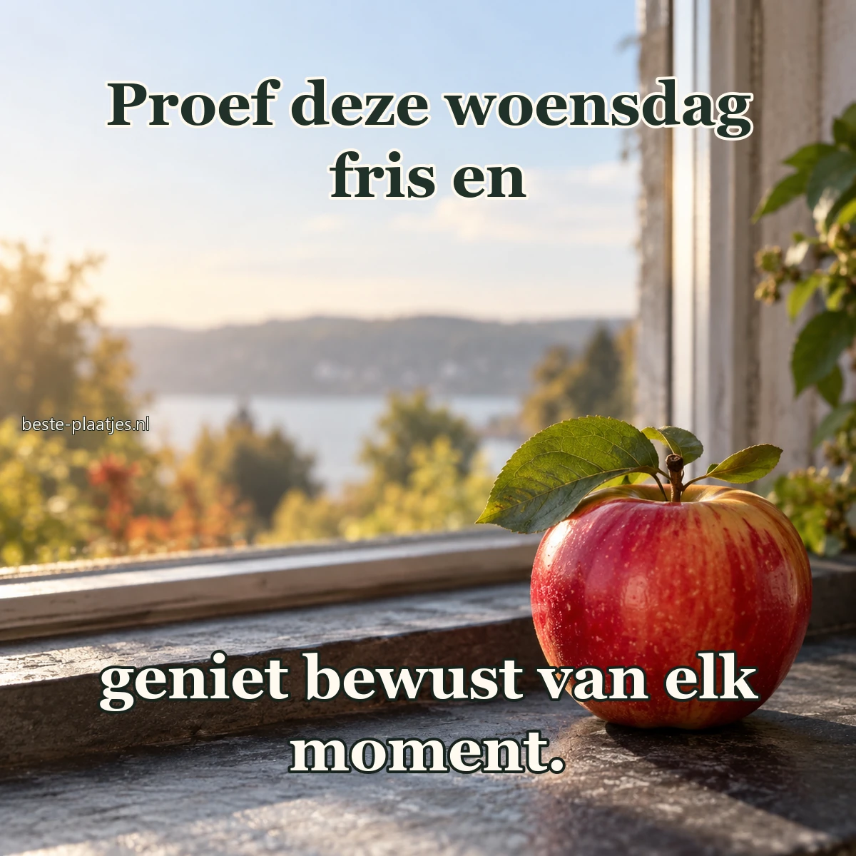 Een rode appel met bladeren ligt op een donkere vensterbank. Een rode appel met bladeren ligt op een donkere vensterbank.