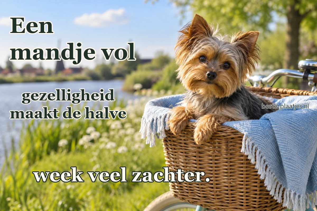 Een yorkshireterriër zit in een fietsmand met een blauwe deken. Een yorkshireterriër zit in een fietsmand met een blauwe deken.