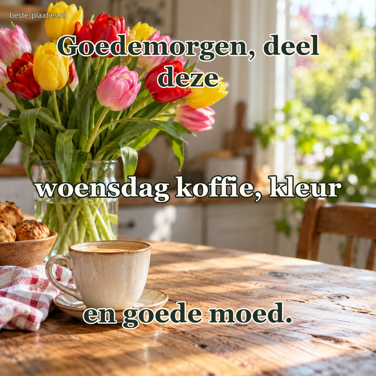 Een kleurig tulpenboeket staat achter een koffiekop op tafel. Een kleurig tulpenboeket staat achter een koffiekop op tafel.
