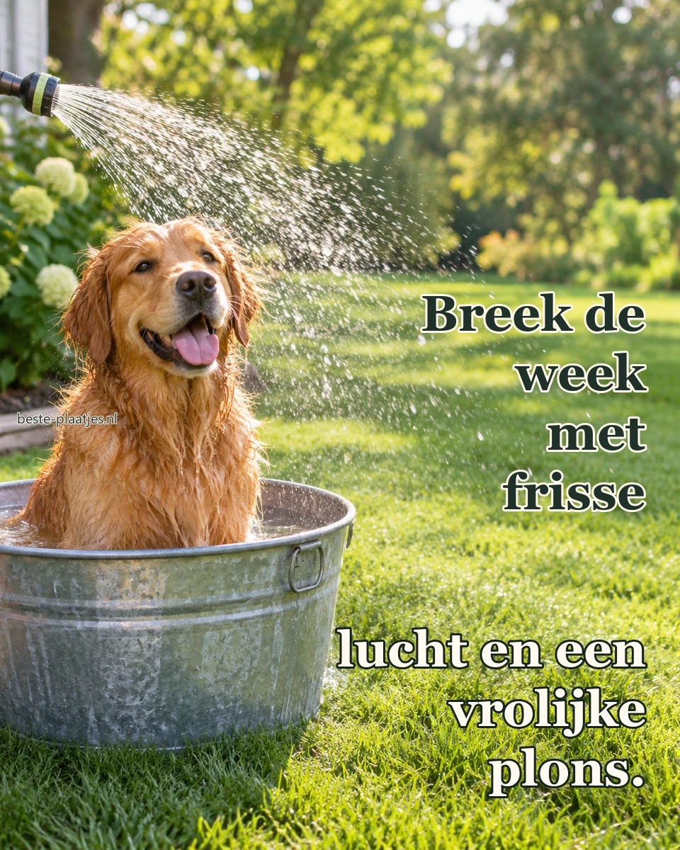 Een natte golden retriever zit blij in een zinken teil in de tuin. Een natte golden retriever zit blij in een zinken teil in de tuin.