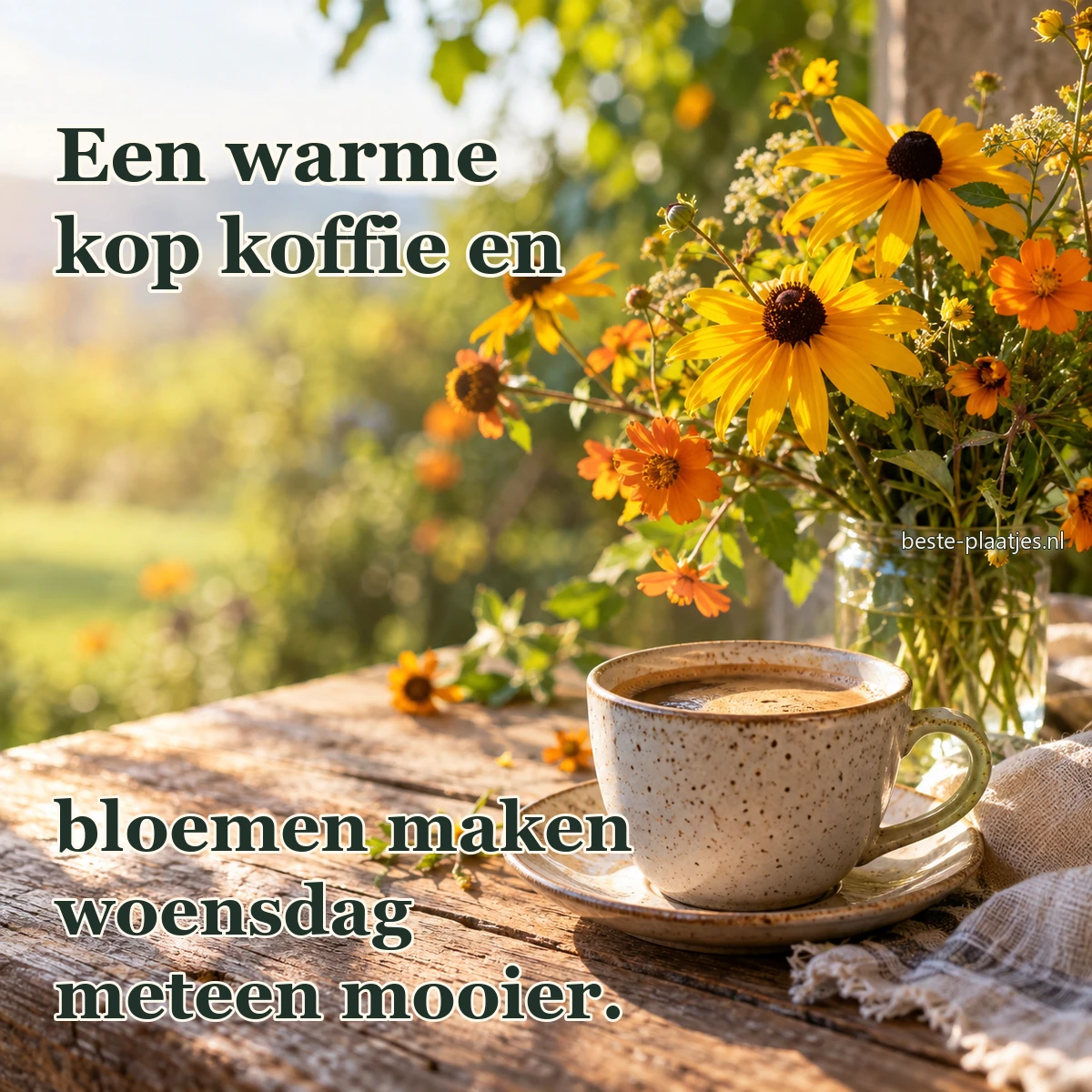 Een koffiekop staat naast een los boeket gele en oranje bloemen. Een koffiekop staat naast een los boeket gele en oranje bloemen.