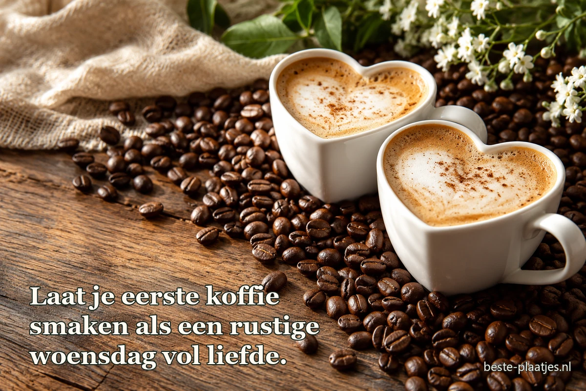 Twee hartvormige koffiekoppen staan tussen versgebrande koffiebonen. Twee hartvormige koffiekoppen staan tussen versgebrande koffiebonen.