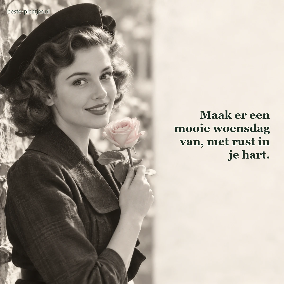 Een volwassen vrouw poseert in vintagestijl met een roze roos. Een volwassen vrouw poseert in vintagestijl met een roze roos.
