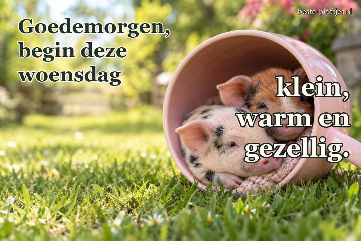 Twee kleine biggetjes liggen samen in een grote roze mok op het gras. Twee kleine biggetjes liggen samen in een grote roze mok op het gras.