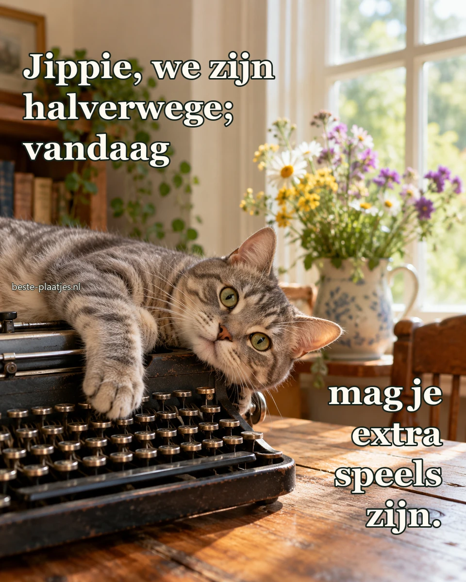 Een grijze kat ligt speels over de rand van een oude typemachine. Een grijze kat ligt speels over de rand van een oude typemachine.