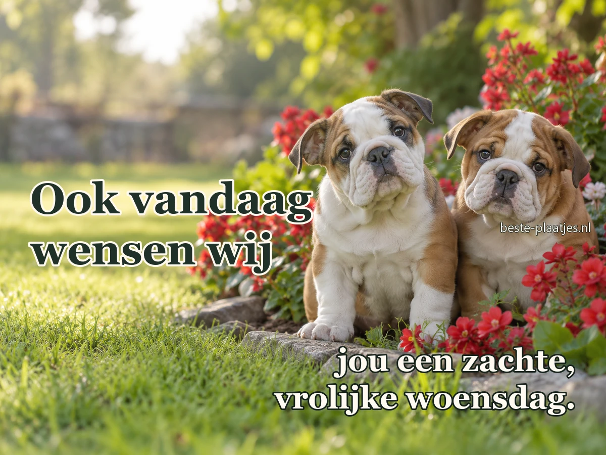 Twee bulldogpups zitten tussen lage rode bloemen in een zonnige tuin. Twee bulldogpups zitten tussen lage rode bloemen in een zonnige tuin.
