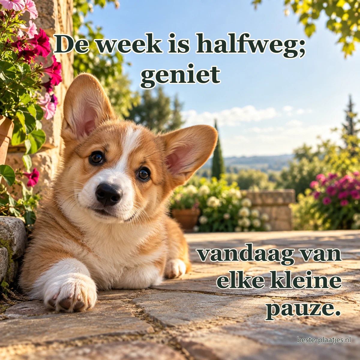Een corgipup ligt nieuwsgierig met één poot vooruit op het terras. Een corgipup ligt nieuwsgierig met één poot vooruit op het terras.