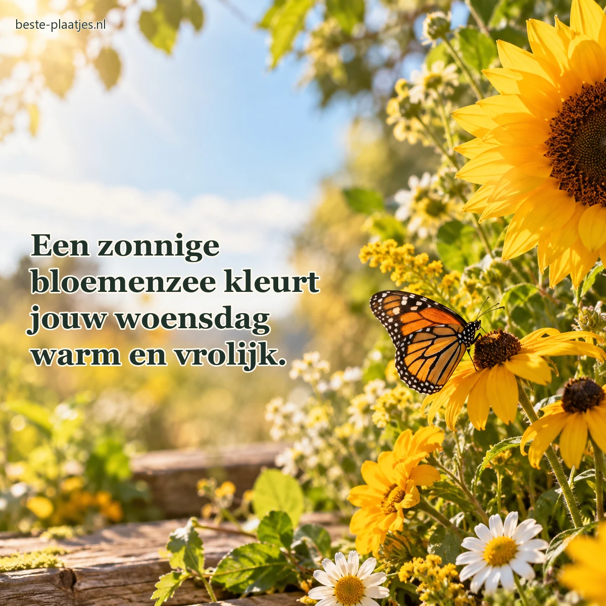 Een monarchvlinder rust tussen verschillende zonnige gele bloemen. Een monarchvlinder rust tussen verschillende zonnige gele bloemen.