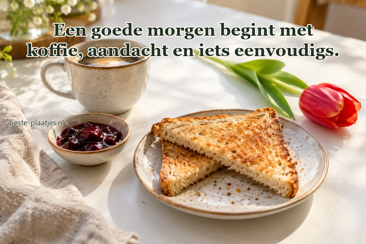 Koffie, toast, jam en een rode tulp liggen op een witte ontbijttafel. Koffie, toast, jam en een rode tulp liggen op een witte ontbijttafel.