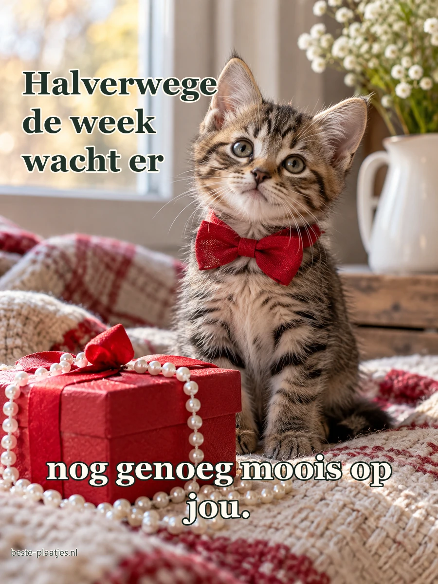 Een tabbykatje met rode strik zit achter een rood cadeautje. Een tabbykatje met rode strik zit achter een rood cadeautje.