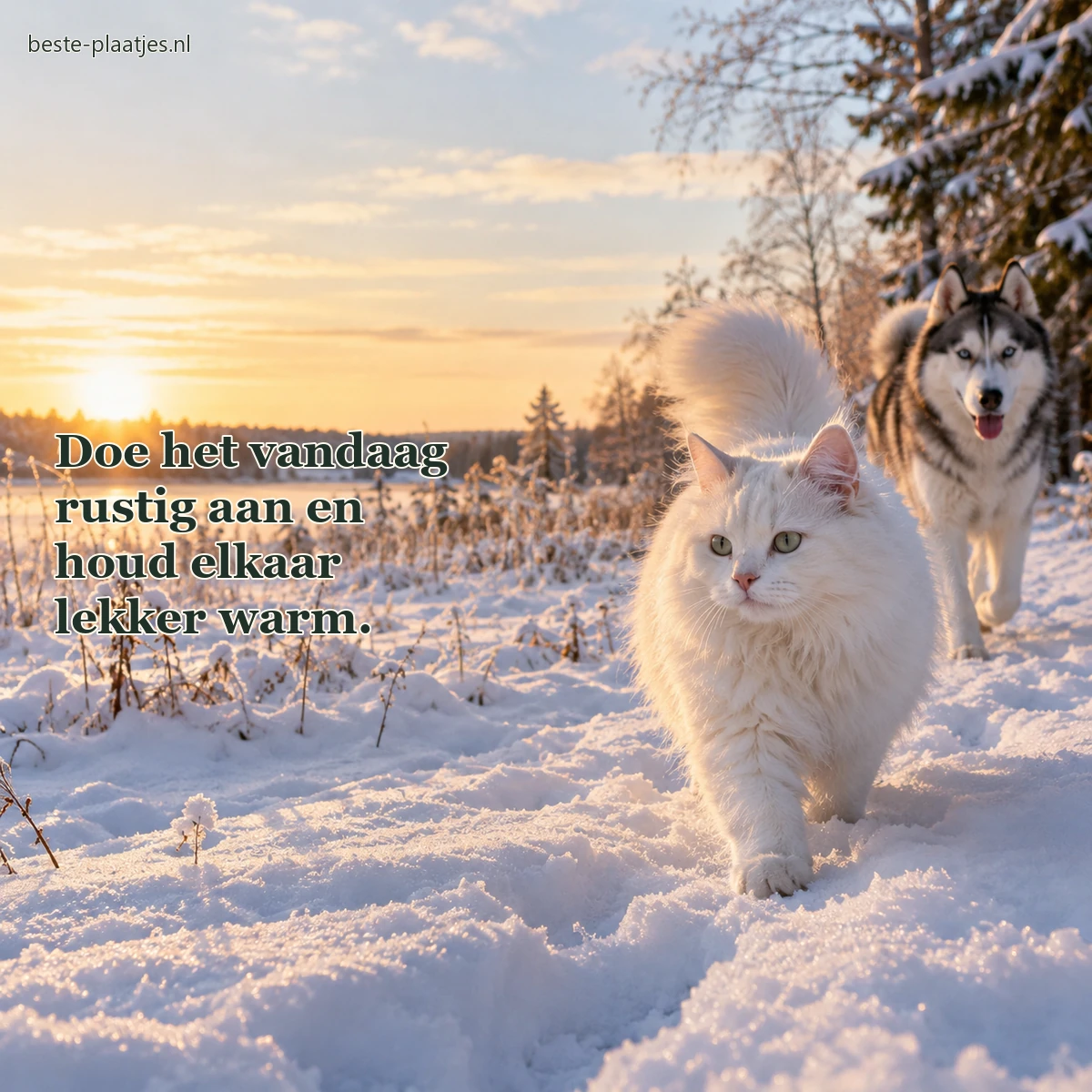 Een witte kat en een husky lopen samen door verse sneeuw. Een witte kat en een husky lopen samen door verse sneeuw.