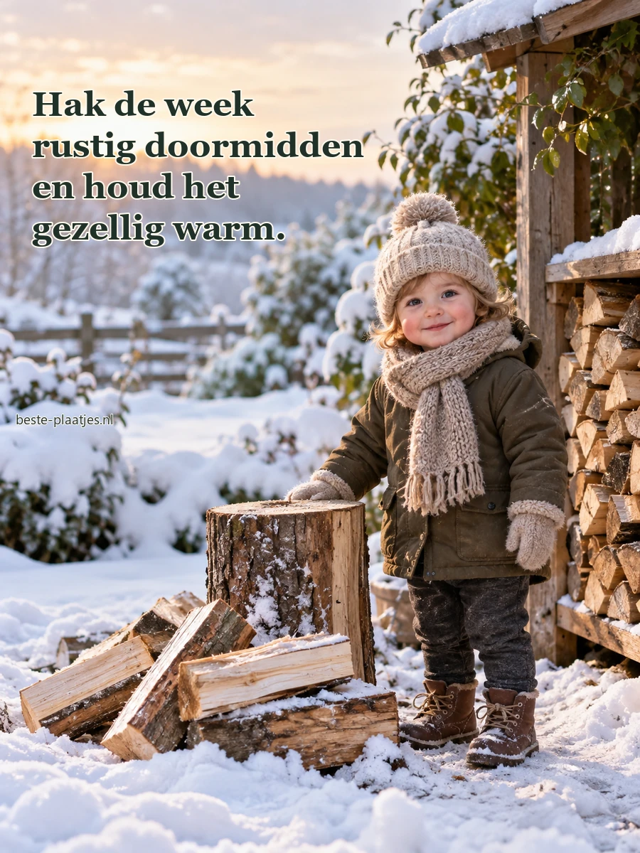 Een warm aangeklede peuter staat veilig bij een houtstapel in de sneeuw. Een warm aangeklede peuter staat veilig bij een houtstapel in de sneeuw.