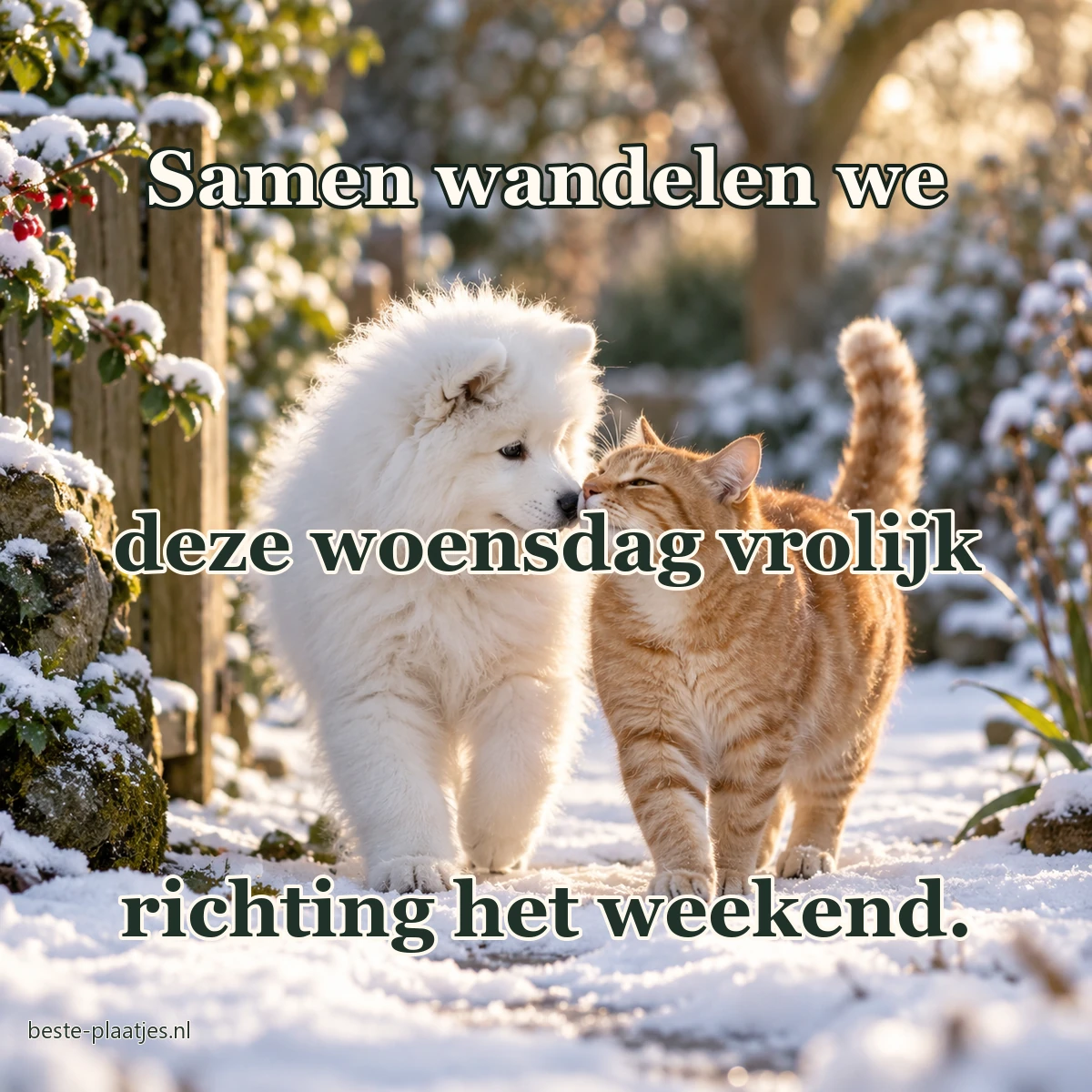 Een samojedenpup en een rode kat raken elkaars neus in de sneeuw. Een samojedenpup en een rode kat raken elkaars neus in de sneeuw.