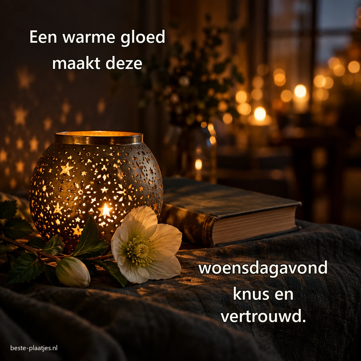 Een messing lantaarn werpt sterretjes naast een witte bloem en een gesloten boek.