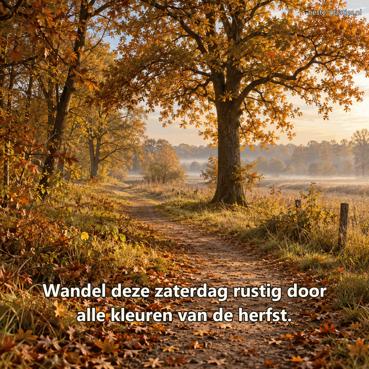 Een landelijk wandelpad slingert door een nevelig bos met goudkleurige bomen.