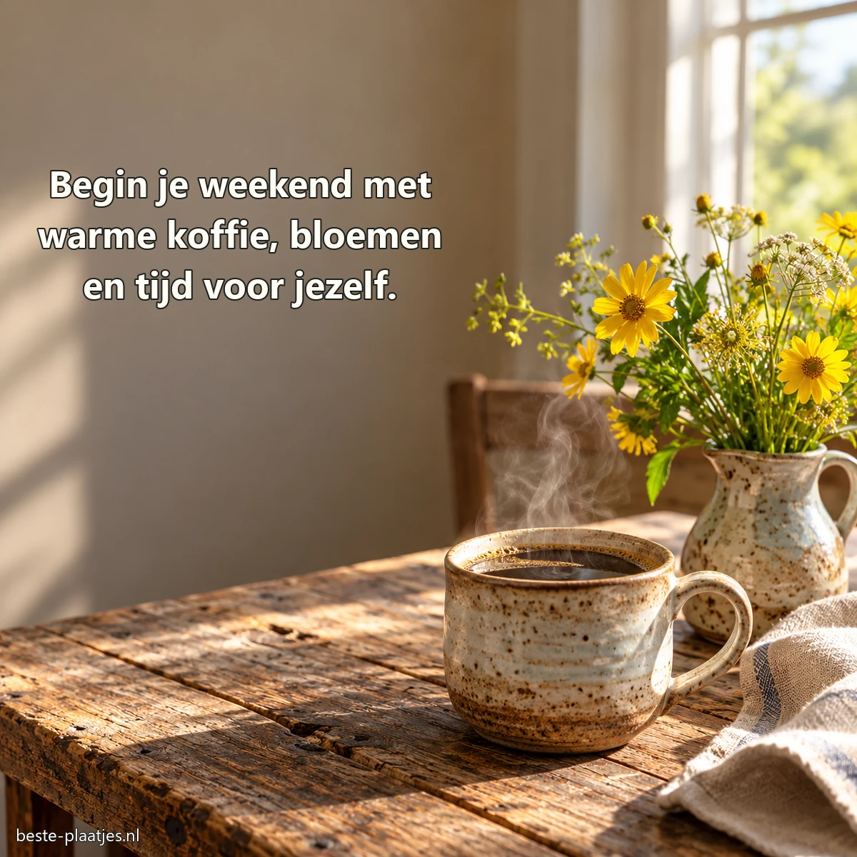 Een handgemaakte koffiekop staat naast gele veldbloemen op een houten tafel.