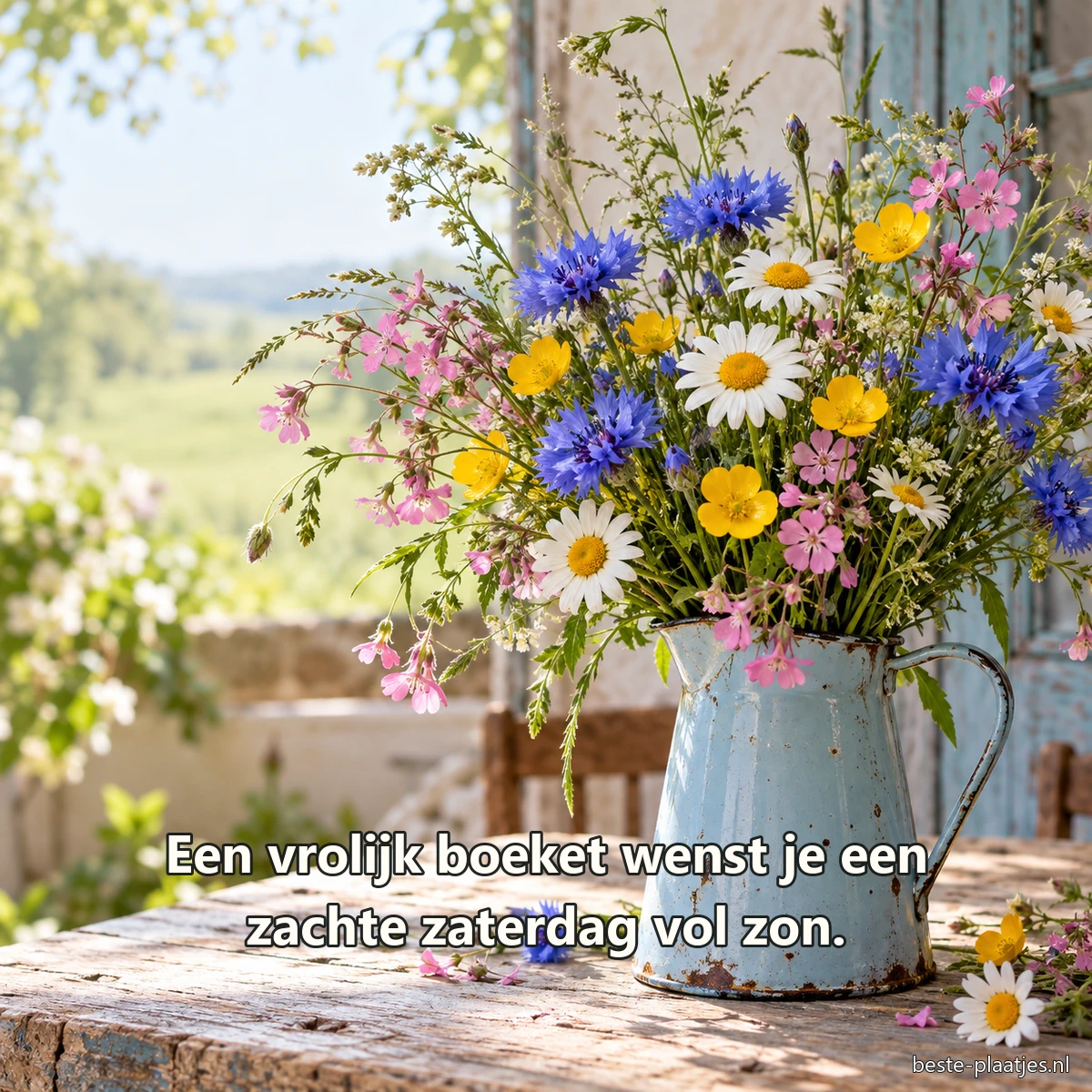 Een boeket veldbloemen staat losjes in een lichtblauwe emaille kan.