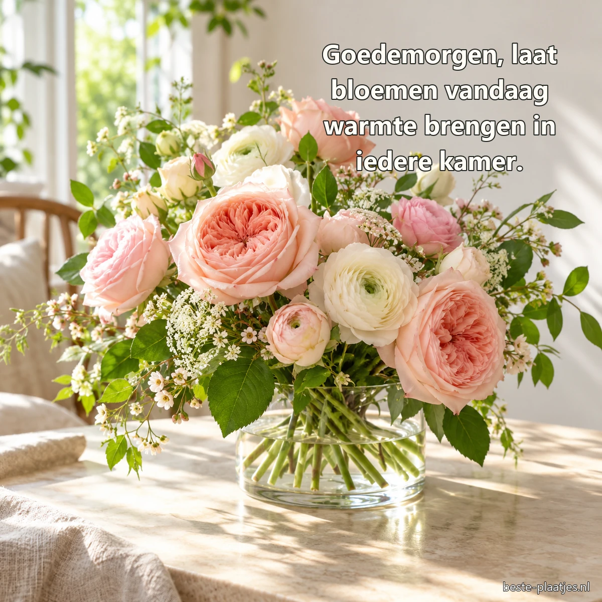 Zachte tuinrozen en ranonkels staan in een lage glazen vaas.