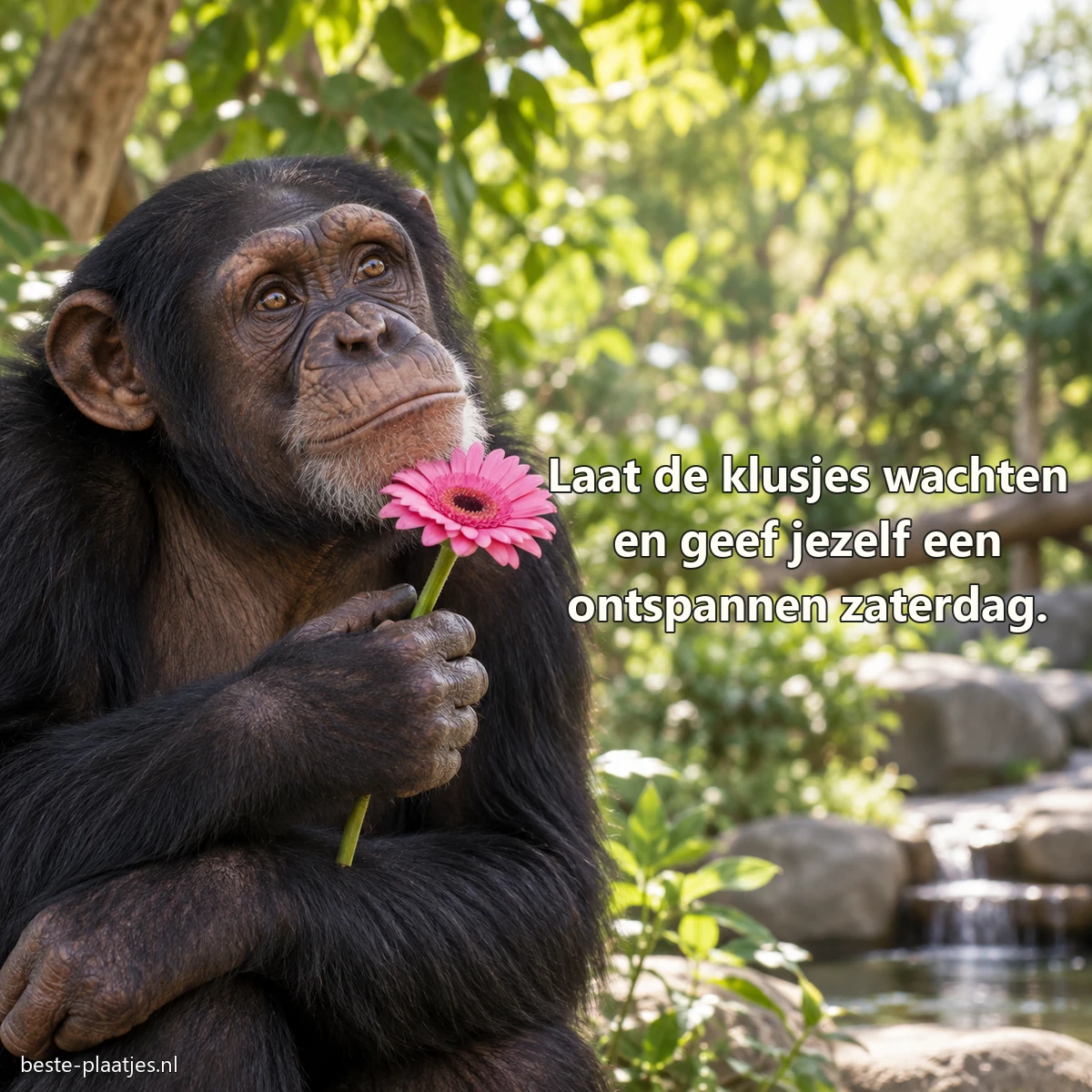Een chimpansee houdt bedachtzaam een roze bloem vast in een groene omgeving.