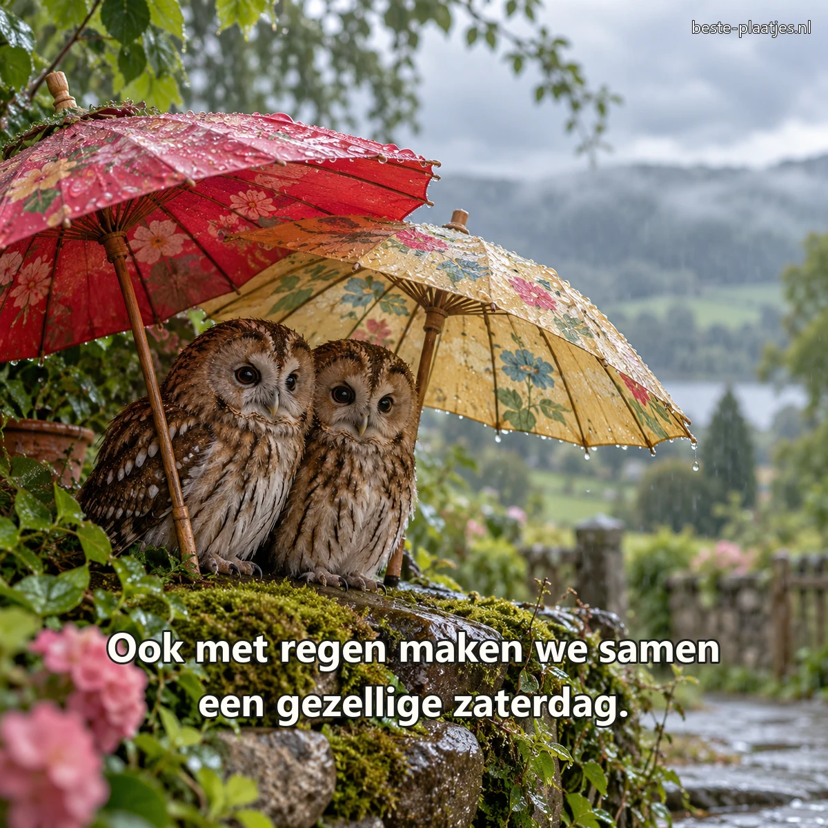 Twee bosuilen schuilen samen onder kleurige parasols in de regen.