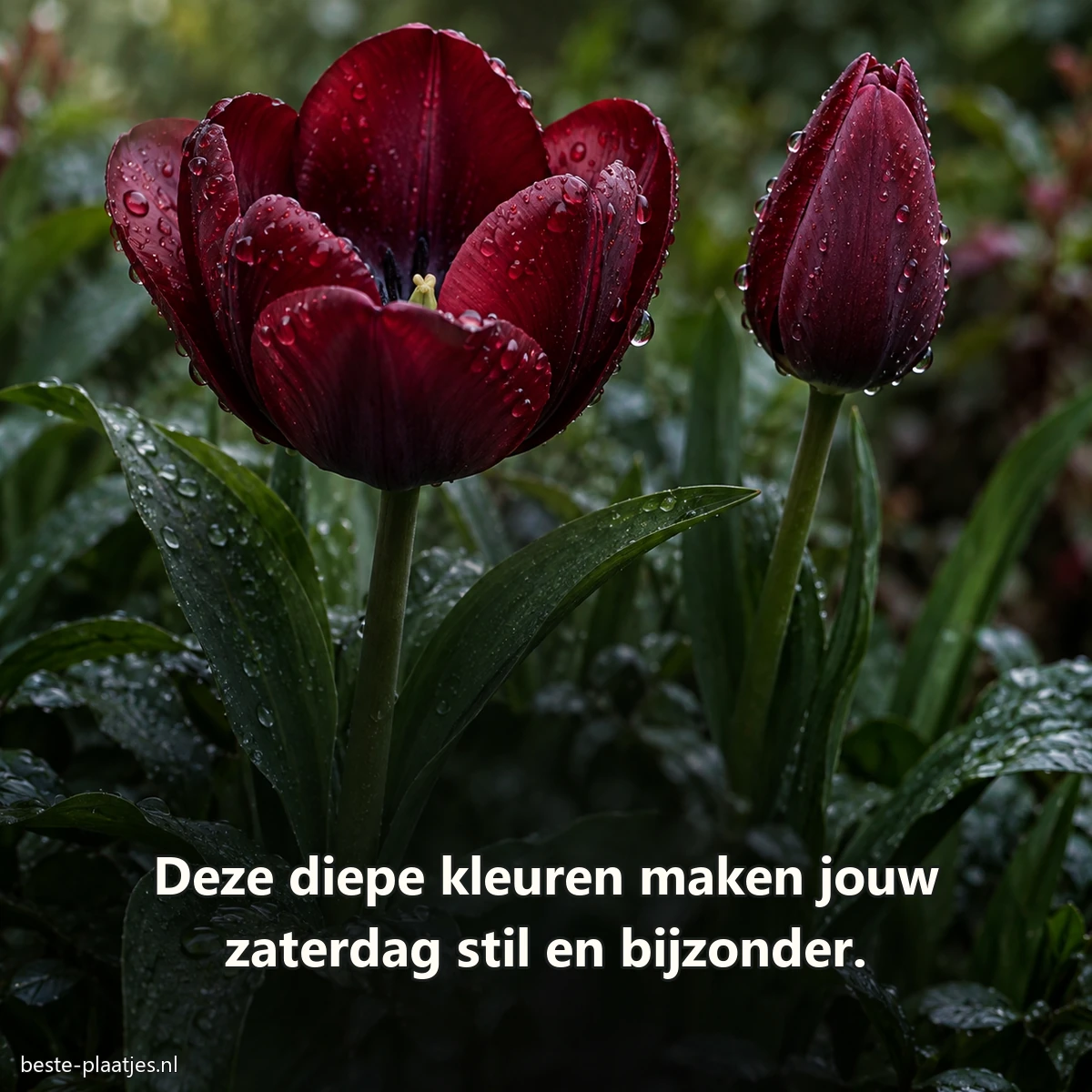 Twee donkerrode tulpen staan tussen natte bladeren in de tuin.