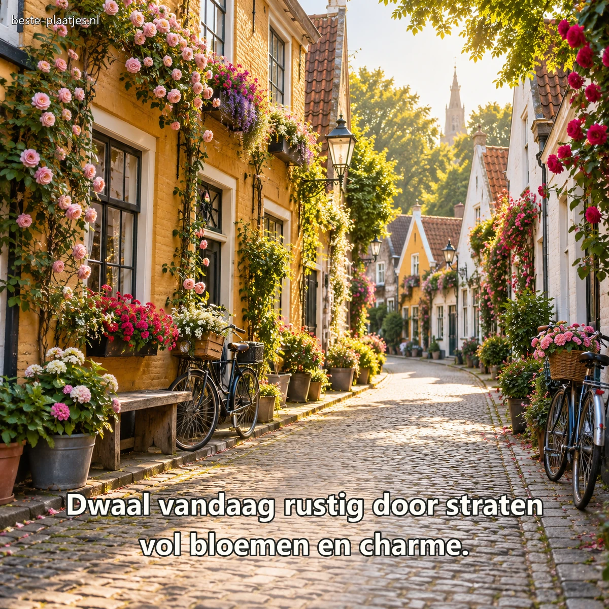Een smalle dorpsstraat loopt tussen historische huizen vol bloemen.