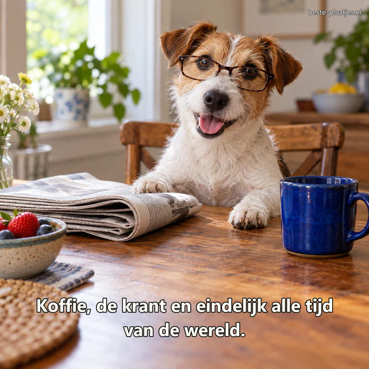 Een vrolijke terriër zit met bril naast een krant en blauwe mok.