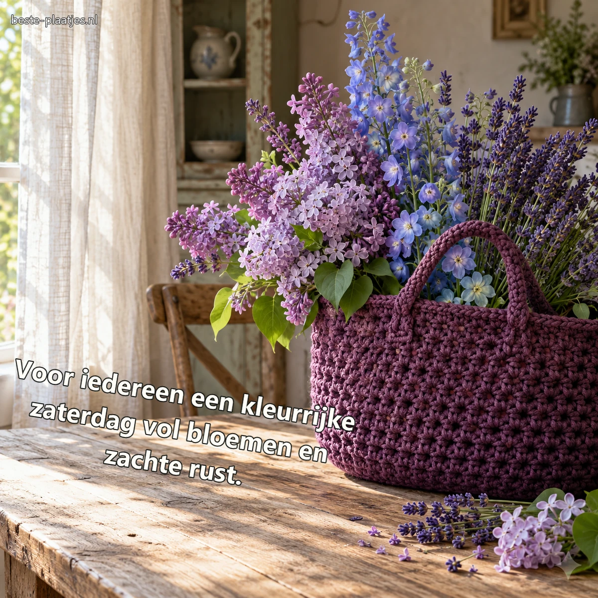 Een gehaakte paarse tas is gevuld met seringen, lavendel en ridderspoor.