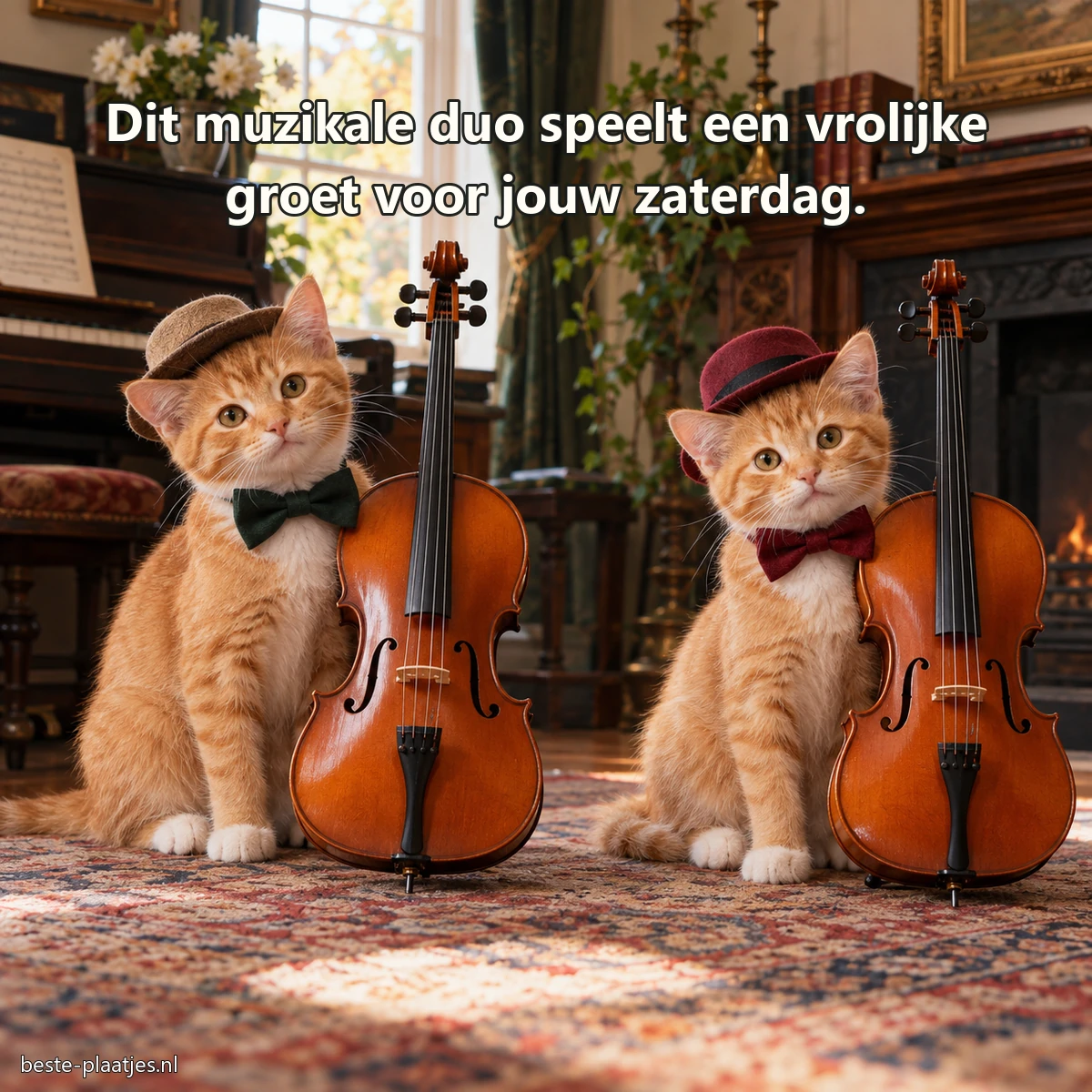 Twee jonge katten poseren met kleine cello's in een oude muziekkamer. Twee jonge katten poseren met kleine cello's in een oude muziekkamer.