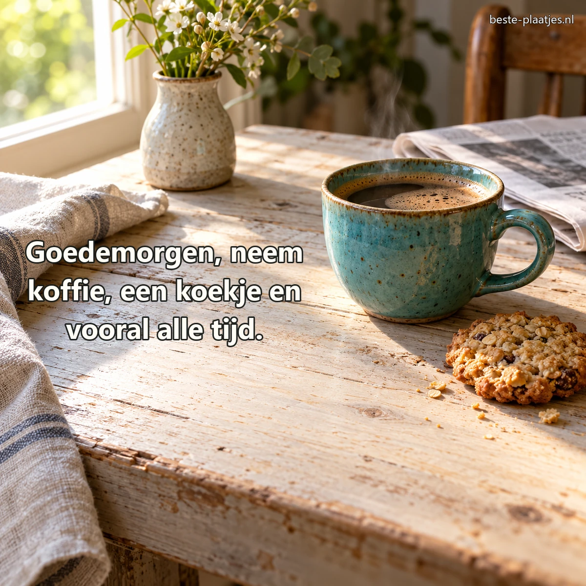 Koffie, een haverkoekje en een krant liggen op een verweerde ontbijttafel. Koffie, een haverkoekje en een krant liggen op een verweerde ontbijttafel.