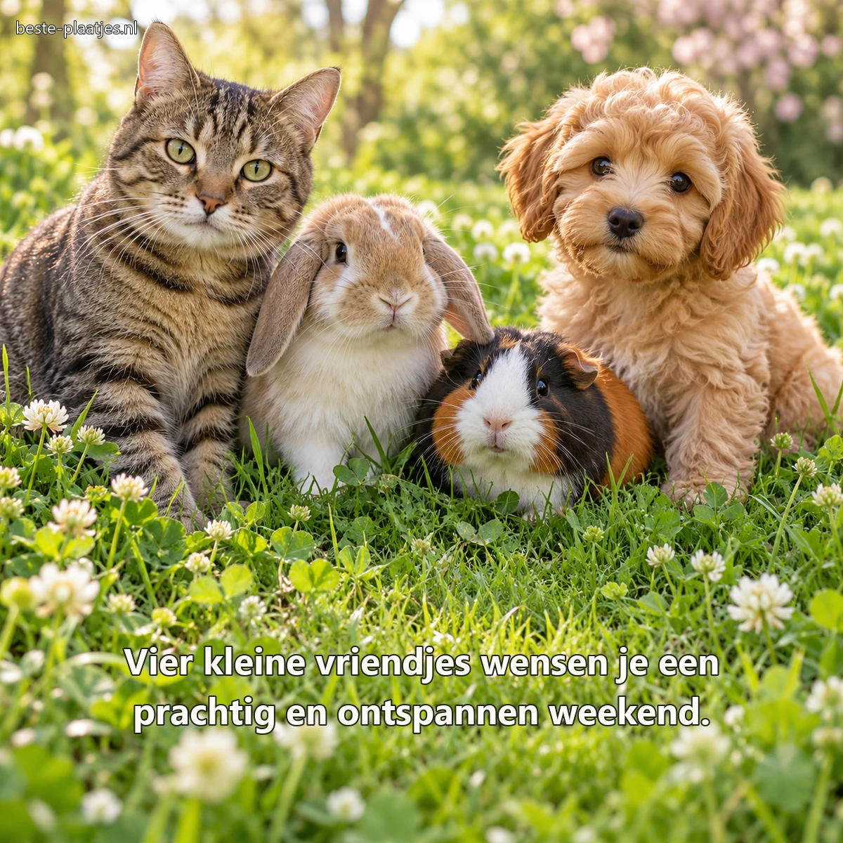 Een kat, konijn, cavia en puppy zitten samen tussen witte klaver. Een kat, konijn, cavia en puppy zitten samen tussen witte klaver.
