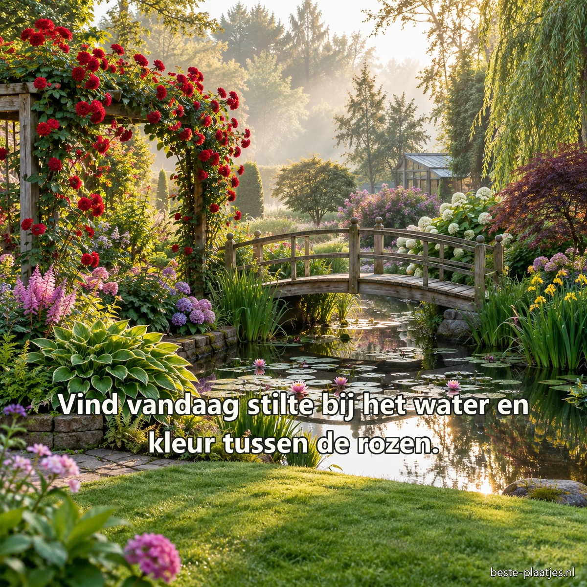 Een houten brug buigt over een vijver in een tuin vol rozen. Een houten brug buigt over een vijver in een tuin vol rozen.