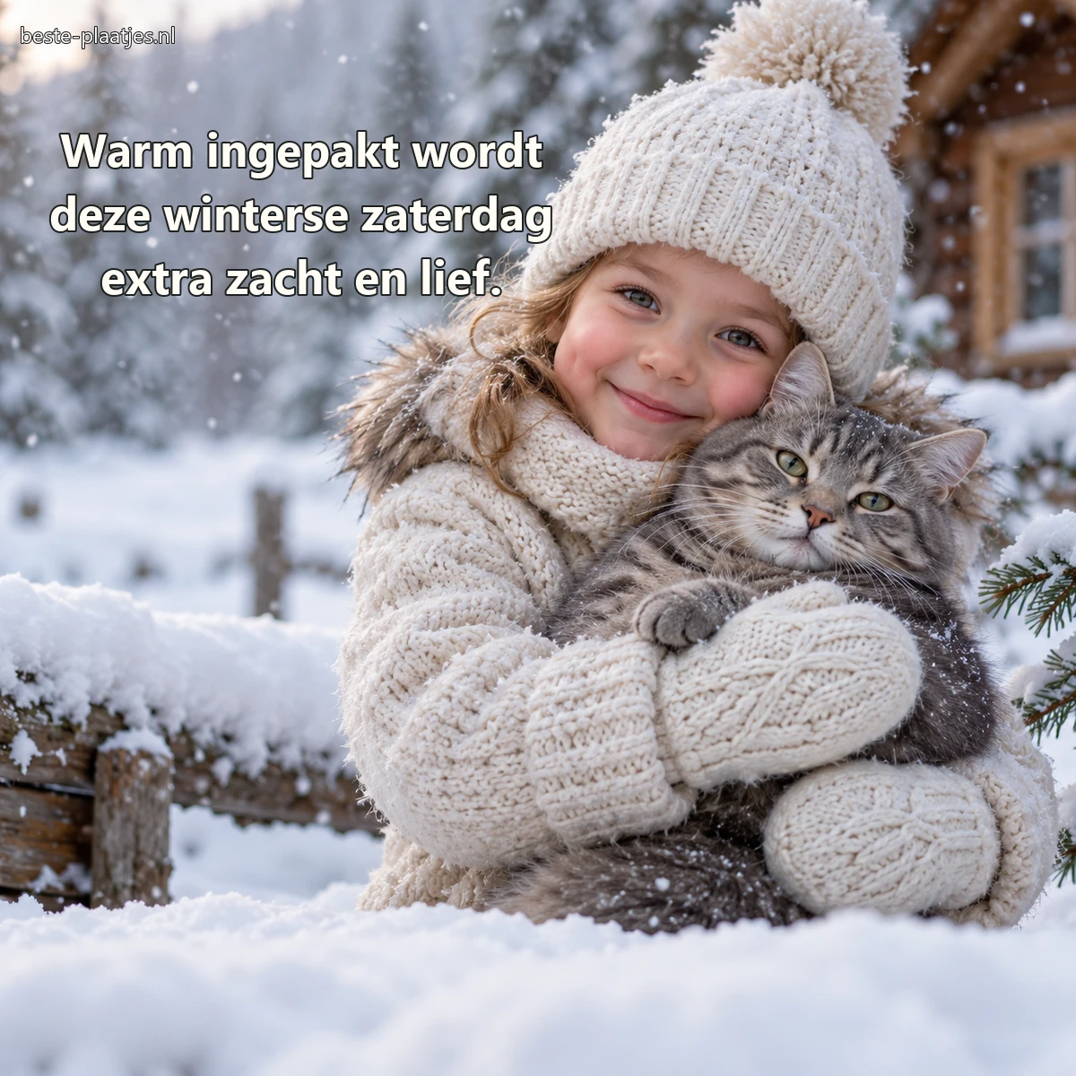 Een warm gekleed kind houdt voorzichtig een rustige kat in de sneeuw. Een warm gekleed kind houdt voorzichtig een rustige kat in de sneeuw.