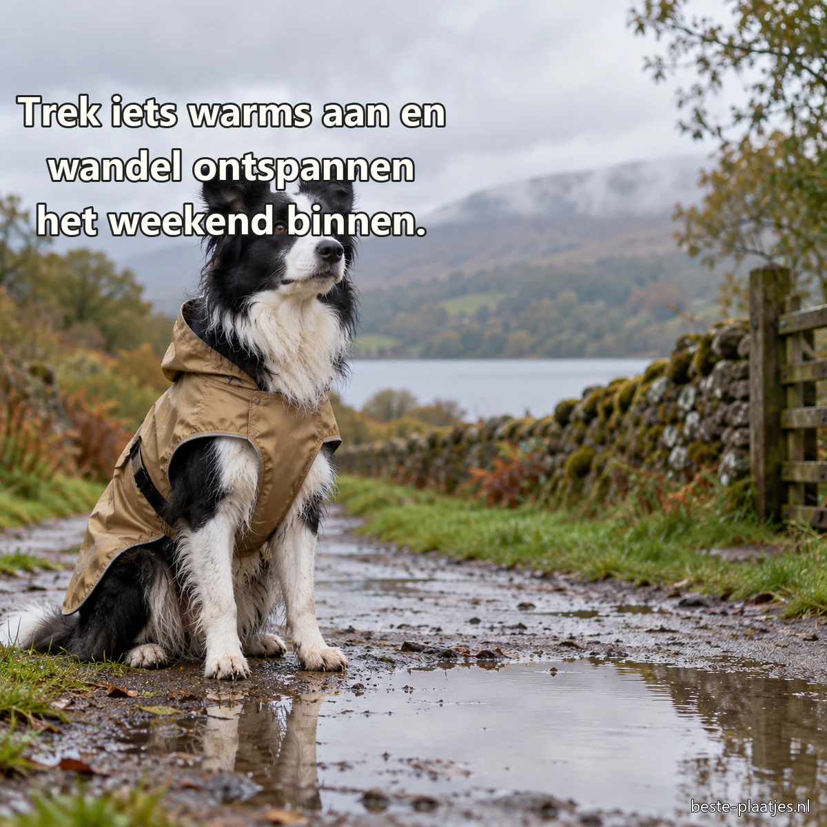 Een bordercollie in regenjas zit naast een nat landweggetje. Een bordercollie in regenjas zit naast een nat landweggetje.