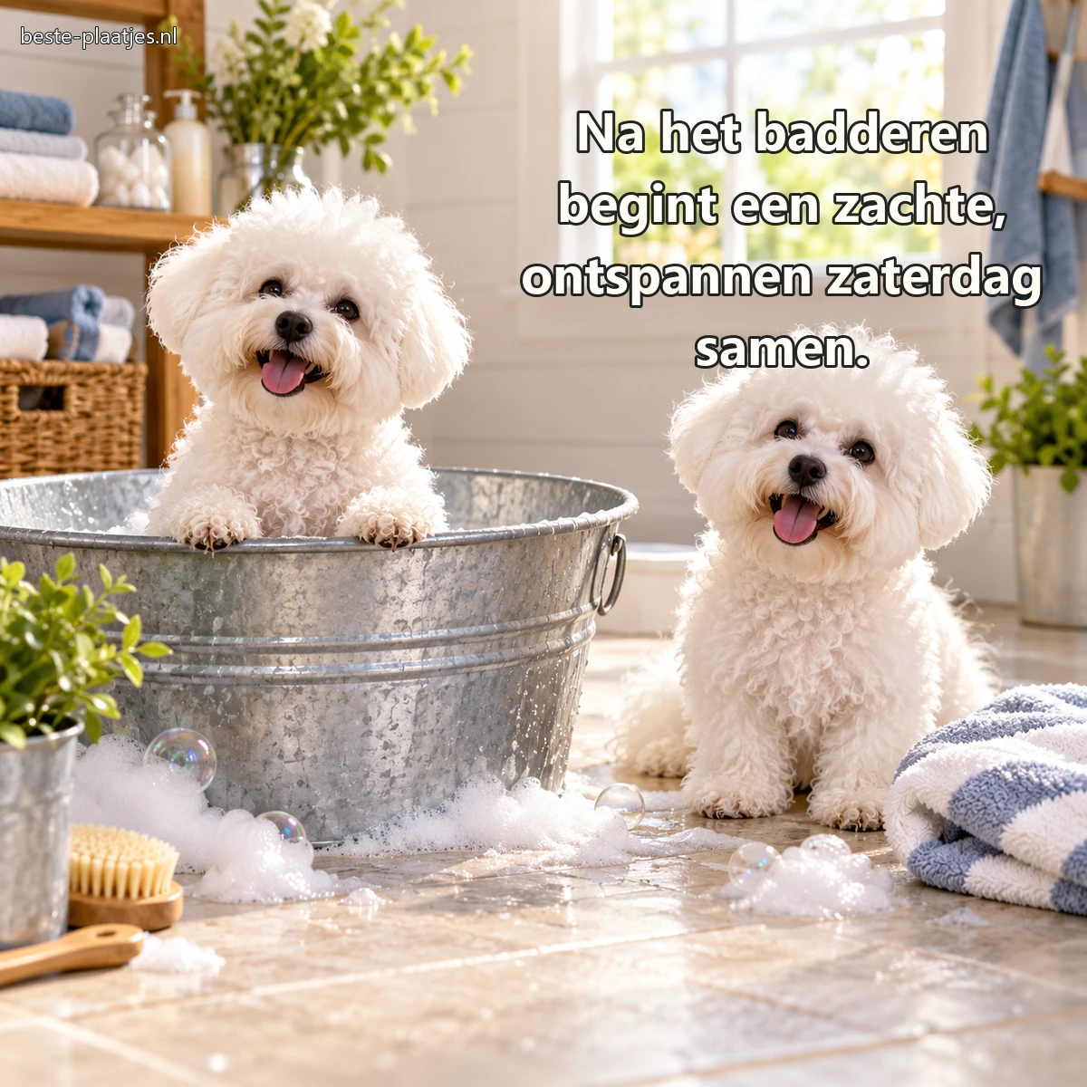 Twee witte bichons zitten bij een teil met handdoeken en zeepbellen. Twee witte bichons zitten bij een teil met handdoeken en zeepbellen.