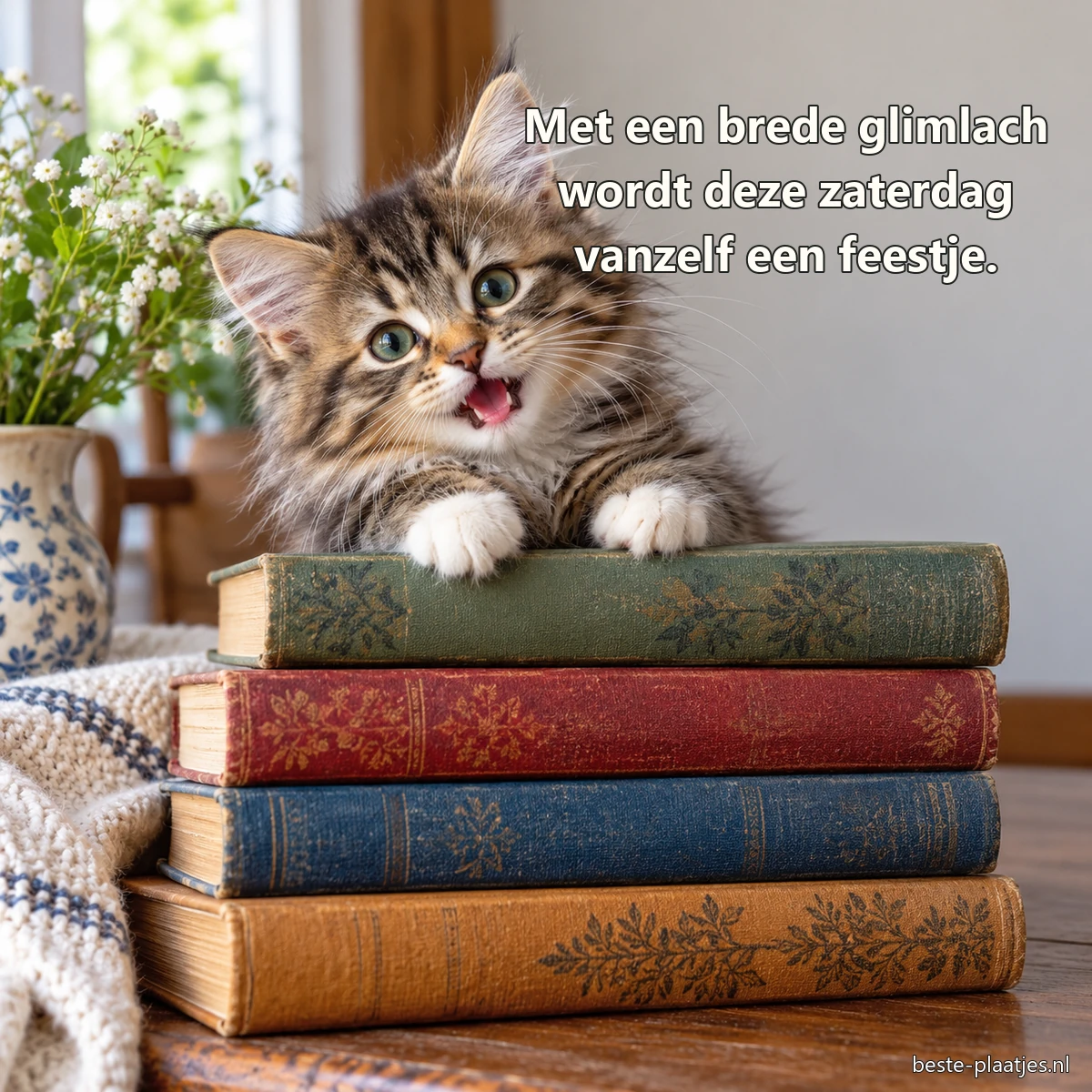 Een vrolijke tabbykitten kijkt over een stapel oude boeken. Een vrolijke tabbykitten kijkt over een stapel oude boeken.