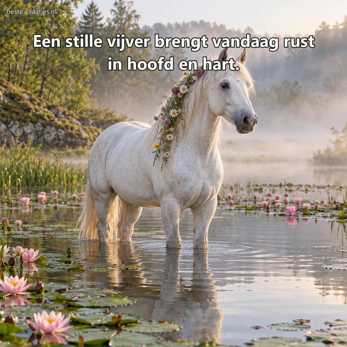 Een witte merrie staat tussen waterlelies in een stille ochtendvijver. Een witte merrie staat tussen waterlelies in een stille ochtendvijver.