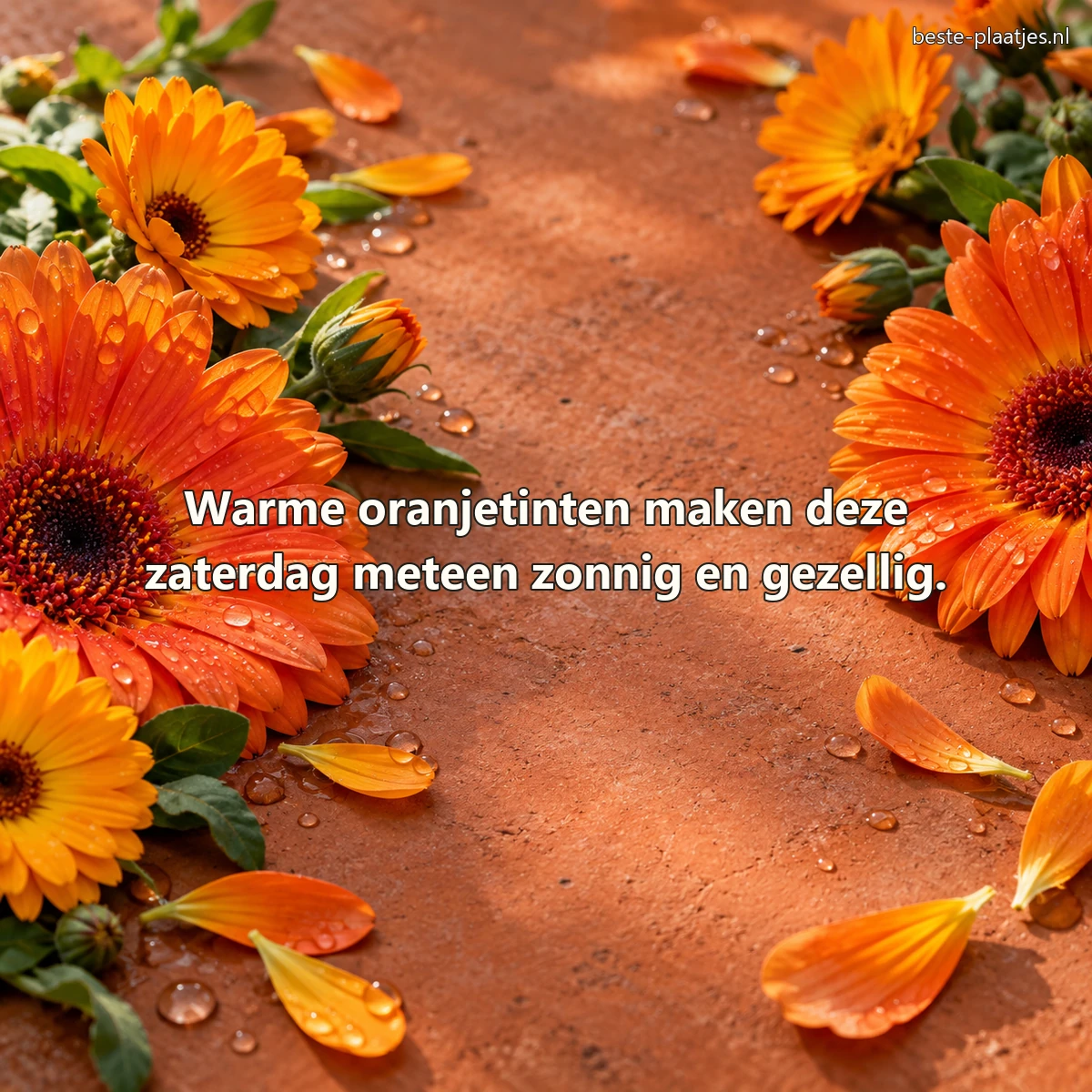 Oranje bloemen en regendruppels liggen op een warme terracottatafel. Oranje bloemen en regendruppels liggen op een warme terracottatafel.