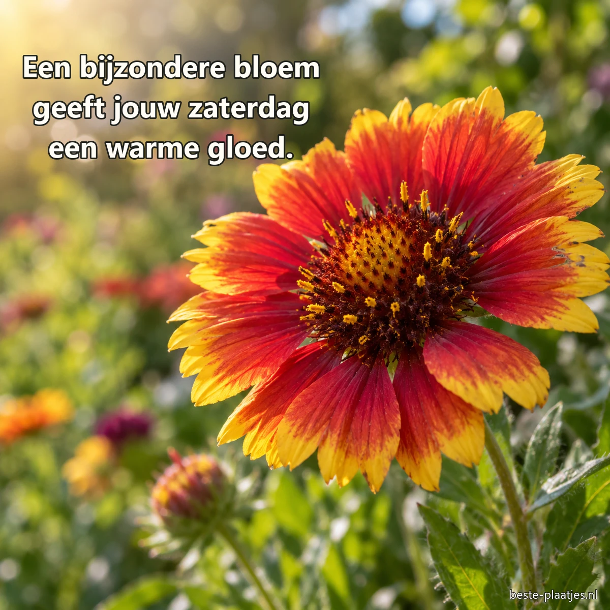 Een rood-gele gaillardia bloeit scherp tegen een zachte tuinachtergrond. Een rood-gele gaillardia bloeit scherp tegen een zachte tuinachtergrond.