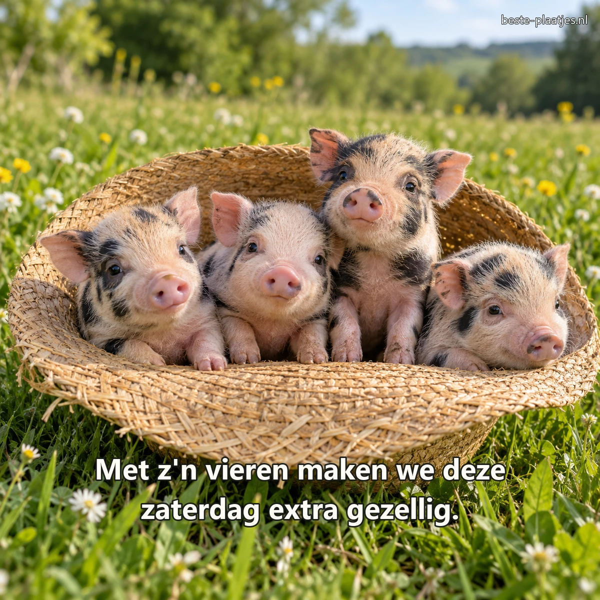 Vier gevlekte biggetjes zitten dicht bij elkaar in een strohoed. Vier gevlekte biggetjes zitten dicht bij elkaar in een strohoed.