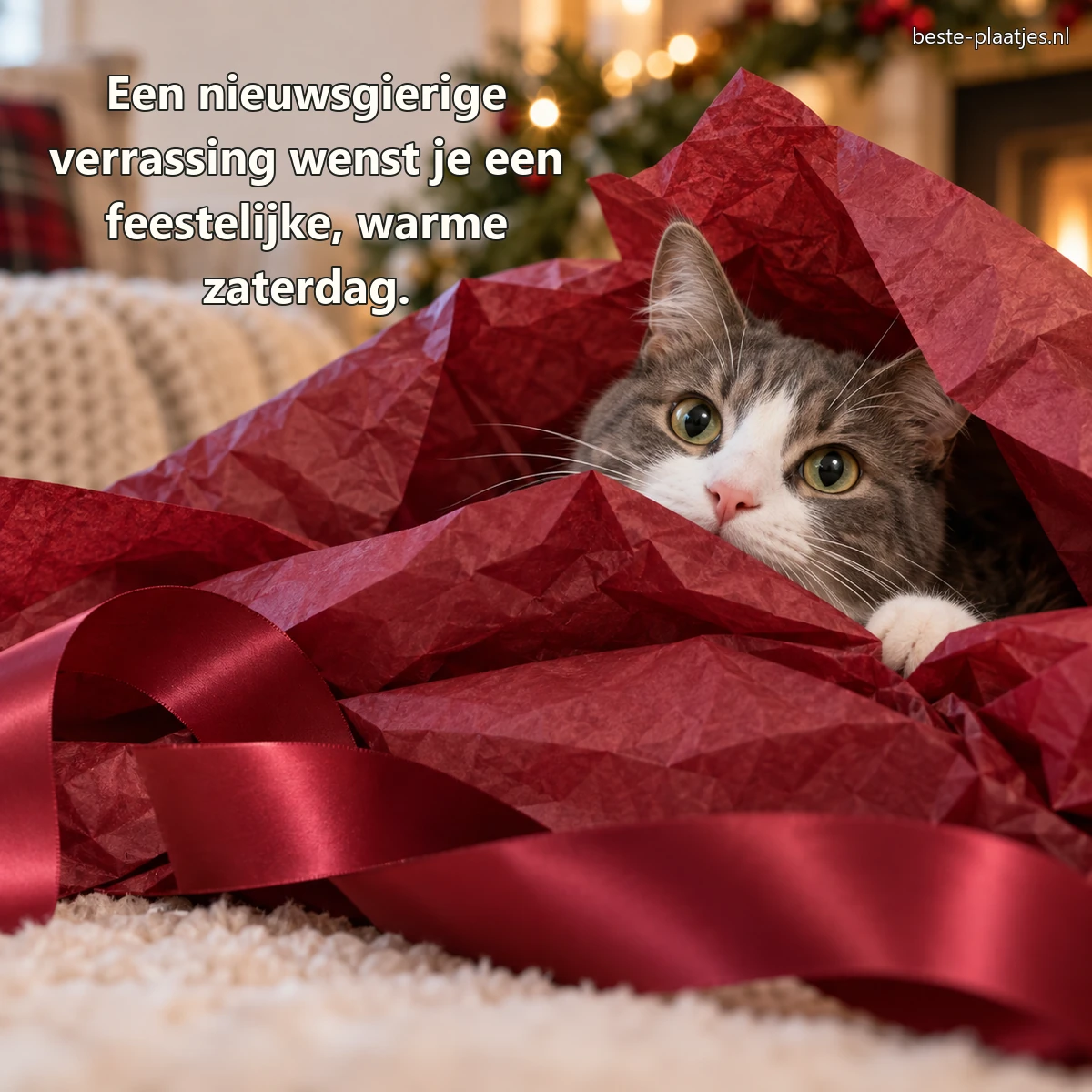 Een grijs-witte kat kijkt uit bordeauxrood cadeaupapier met satijnen lint. Een grijs-witte kat kijkt uit bordeauxrood cadeaupapier met satijnen lint.
