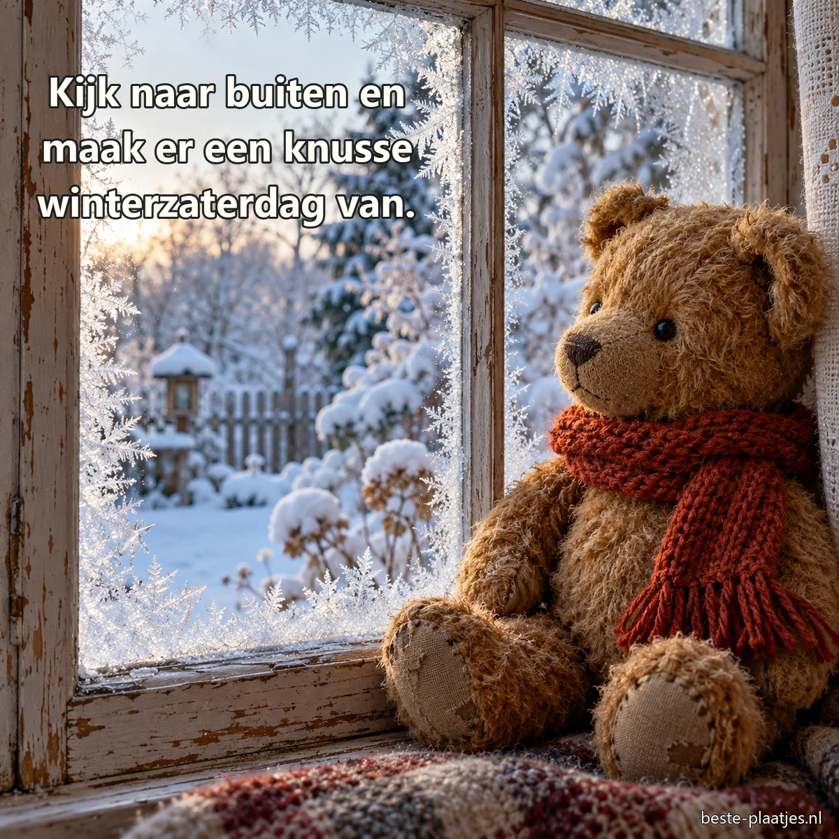 Een oude teddybeer met rode sjaal kijkt door een bevroren raam. Een oude teddybeer met rode sjaal kijkt door een bevroren raam.